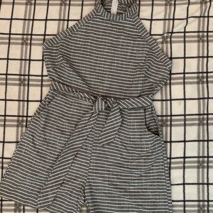 Grey and White striped Romper NWOT